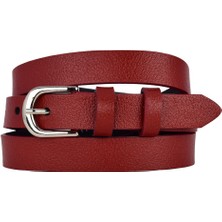 %100 Hakiki Deri, Gümüş Renk Tokalı Ince 2 cm Kırmızı Kadın Kemeri; Elbise, Pantolon Kemeri Nrml.düz