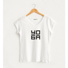 Yoga Yazılı Kadın V Yaka %100 Pamuklu Tasarım T-Shirt