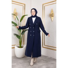 Harma Time Butik Kadın Astarlı Düğmeli Cepli Uzun Lacivert Kaşe kaban
