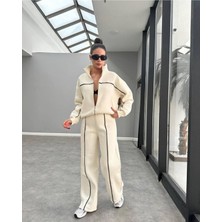 3 Iplik Şardonlu Oversize Fermuarlı  Spor Eşofman Takım Bej