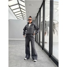 Biyeli Geniş Paça  3 Iplik Şardonlu Oversize Fermuarlı Eşofman Takım