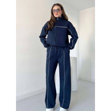 Biyeli Geniş Paça  3 Iplik Şardonlu Oversize Fermuarlı Eşofman Takım