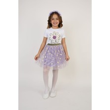 Mor Çiçekli Etek T-Shirt Kız Çocuk Alt-Üst Takım 23 Nisan 29 Ekim 19 Mayıs Gösteri Kıyafetleri