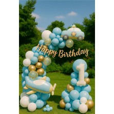 Retro Uçak Polis Araba Folyolu Krem Yaş Folyo Balonlu Mavi Beyaz Balonlu Doğum Günü Parti Seti Süsü