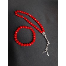 Mryart Kırmızı Cam Boncuk Tesbih ve Bileklik Seti – 33’lük Metal Püsküllü Şık Tasarım