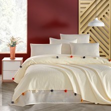 Teksnil Home | %100 Pamuk Krem Ponponlu Çift Kişilik Pike Takımı 3 Parça (Pike,çarşaf,yastık Kılıfı)