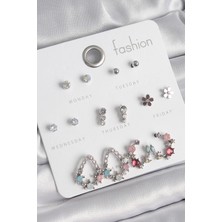 Pirinç Gümüş Renk Zirkon Taşlı Damla Model Çiçek Detay 7 Çift Kadın Küpe Seti