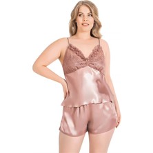 Arias Closet Büyük Beden Vizon Saten Babydoll Şort Takımı
