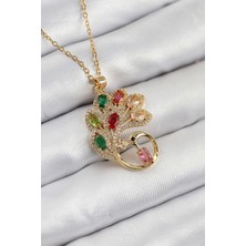 316L Çelik Zirkon Taşlı Tavus Kuşu Model Gold Renk Kadın Kolye