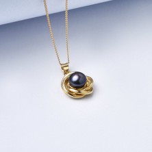 14 Ayar Mikron Kaplama Doğal ve Gerçek Siyah Inci Detaylı Çift Döngü Gümüş Kolye - CNP00156