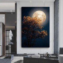 Güzel Ağaç, Sarı Çiçek Açan Yıldız; Dolunay ve Samanyolu Gece Gökyüzü Kanvas Sanatı