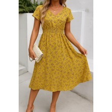 Ag Shoppings Kadın Kısa Kollu Kruvaze Yaka Beli Lastikli Çiçek Desenli Elbise