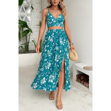 Arben Boutique Kadın Ince Askılı Çiçek Baskı Desenli Crop Yırtmaçlı Etek Ikili Süprem Takım