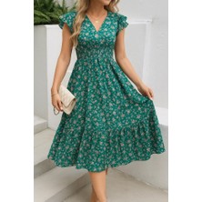 Tua Moda Kadın Kısa Kollu Kruvaze Yaka Beli Lastikli Çiçek Desenli Elbise