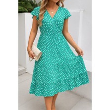 Nidam Butik Kadın Kısa Kollu Kruvaze Yaka Beli Lastikli Çiçek Desenli Elbise