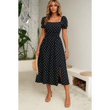 Nidam Butik Kadın Kısa Kollu Geometrik Yaka Yırtmaçlı Puantiyeli Midi Örme Krep Elbise