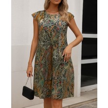 Gökyüzü Moda Kadın Kısa Kollu Kolları Fırfırlı Bisiklet Yakalı Kare Desenli Elbise