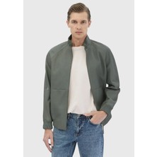 Açık Yeşil Regular Fit Dik Yaka Casual Süet Deri Mont