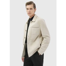 Bej Regular Fit Gömlek Yaka Casual Kürk Deri Mont