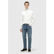 Mavi Düz Loose Fit Denim Pamuk Karışımlı Pantolon