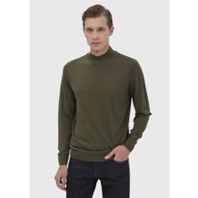 Haki Bato Yaka Düz Örgü Yün Karışımlı Triko Kazak