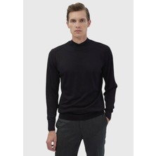 Siyah Bato Yaka Düz Örgü Yün Karışımlı Triko Kazak