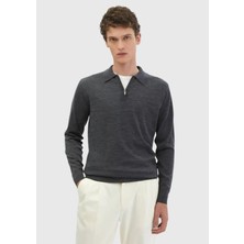 Antrasit Polo Yaka Düz Örgü %100 Yün Triko Kazak