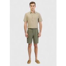Haki Düz Dokuma Carrot Fit Casual %100 Keten Bermuda