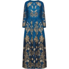 Mavi Çiçek Desenli Jakarlı Elbise 34 Beden