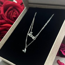 Love Yazılı ve Kalp Figürlü Ikili Kadın Kolyesi 925 Ayar Gümüş Zincirli Rodyumlu Zirkon Taşlı
