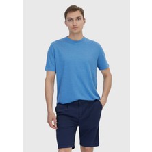 Mavi Düz Bisiklet Yaka %100 Keten T-Shirt
