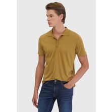 Yağ Yeşili Düz Polo Yaka Pamuk Karışımlı T-Shirt