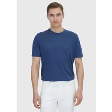 Ramsey İndigo Düz Bisiklet Yaka %100 Keten T-Shirt
