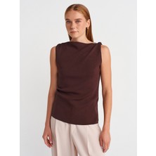 10778 Kayık Yaka Drapeli Ince Triko Bluz-Kahve