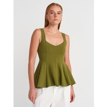 31973 Peplum Streç Top-Yağ Yeşil