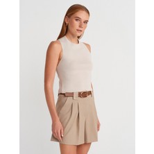 10795 Bisiklet Yaka Sırt Detaylı Triko Top-Taş