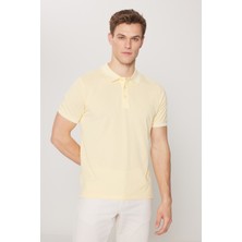 AC&Co / Altınyıldız Classics Erkek Çekmeyen Pamuklu Kumaş Slim Fit Dar Kesim Sarı-Beyaz Kıvrılmaz Polo Yaka Tişört