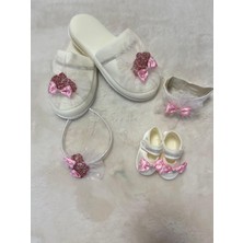 Pembe Taşlı Terlik Bandana Taç Ayakkabı 4 Lü Lohusa  Set
