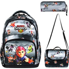 Oyuncu Desenli Brawl üçlü Çocuk Ilkokul Okul Çantası Seti (Çanta Termal Beslenme Çantası Kalemlik)