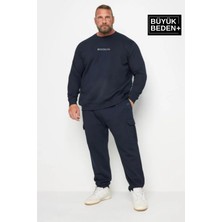 Superlife Erkek Büyük Beden Navy Orta Brooklyn Baskılı İnce Bisiklet Yaka Sweatshirt Ekstra Rahat