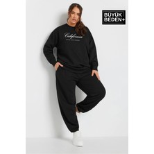 Kadın El Yazılı California Baskılı Büyük Beden Ince Bisiklet Yaka Swatshırt SPR25BSWK63