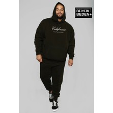 Erkek El Yazılı California Baskılı Büyük Beden Ince Kapşonlu Swatshırt SPR25BSW62