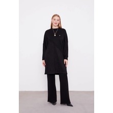 Levidor Simli Kumaş Amblem Detaylı Triko Tunik - Siyah