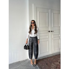 Leopar Desen Scuba Krep Kumaş Şalvar Balon Pantolon