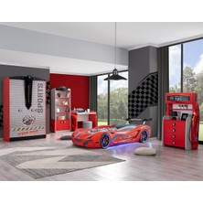 Çocuk Odası - Mercedes Arabalı Yatak - Sport 3 Kapılı Dolap, Masa, Şifonyer, Kitaplık - Kırmızı