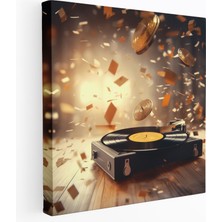 Popcas Retro Plak Çalarlı Duvar Sanatı - Müzik Notaları Kanvas Tablo