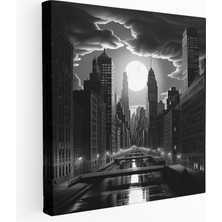 Popcas Gri Şehir Manzaralı Kanvas Tablo - Şehir Manzaralı Gri Duvar Sanatı Akşamüstü