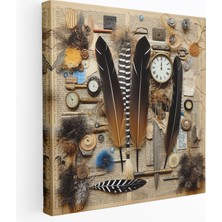 Popcas Antika Kuş Tüyü Kanvas Tablo - Tüy Antika Kolaj Duvar Dekorasyonu Antika Atmosfer