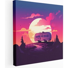 Popcas Karavan Duvar Dekorasyonu - Macera Gün Batımı Silueti - Özgürlük Kanvas Minimalist Grafik Tasarım
