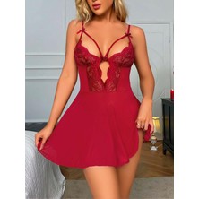 Secretsita Bordo Dantel Işlemeli Göğüs Ip Detaylı Fantezi Tül Gecelik Takımı